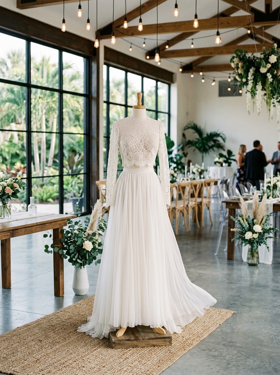 Two-piece wedding dress with lace crop top displayed in a beautifully decorated venue.
