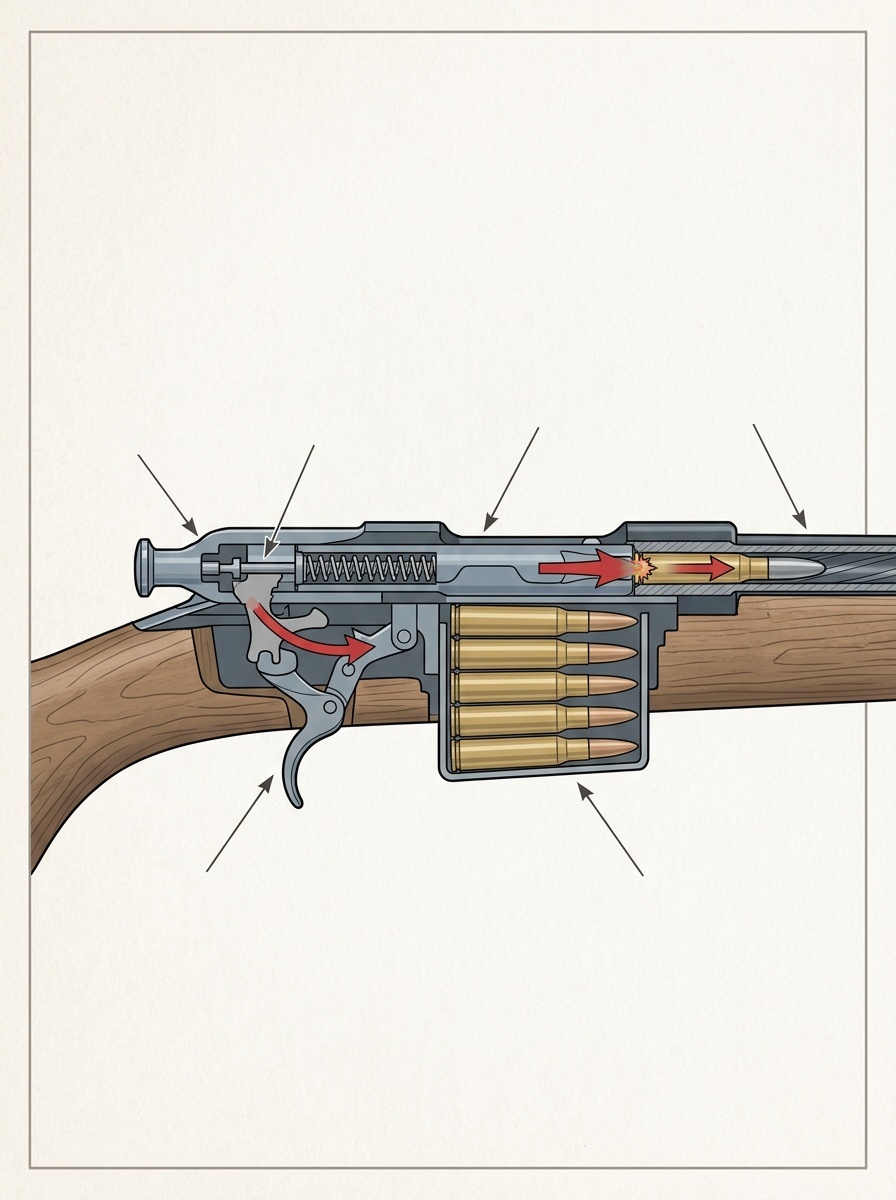 Illustration of a firearm's internal mechanics showing the trigger, firing pin, and cartridge chamber.