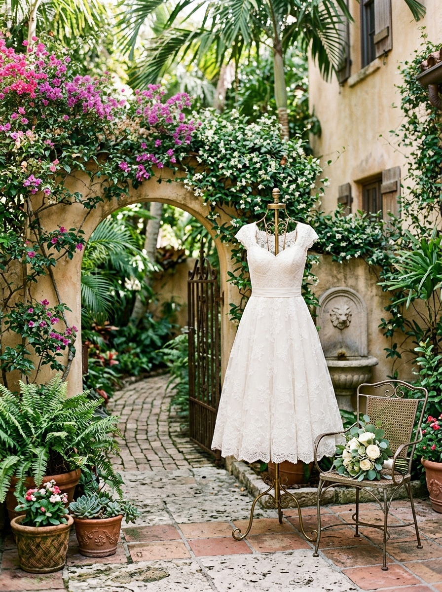 Vintage-inspired tea length wedding dress displayed in a floral garden setting.