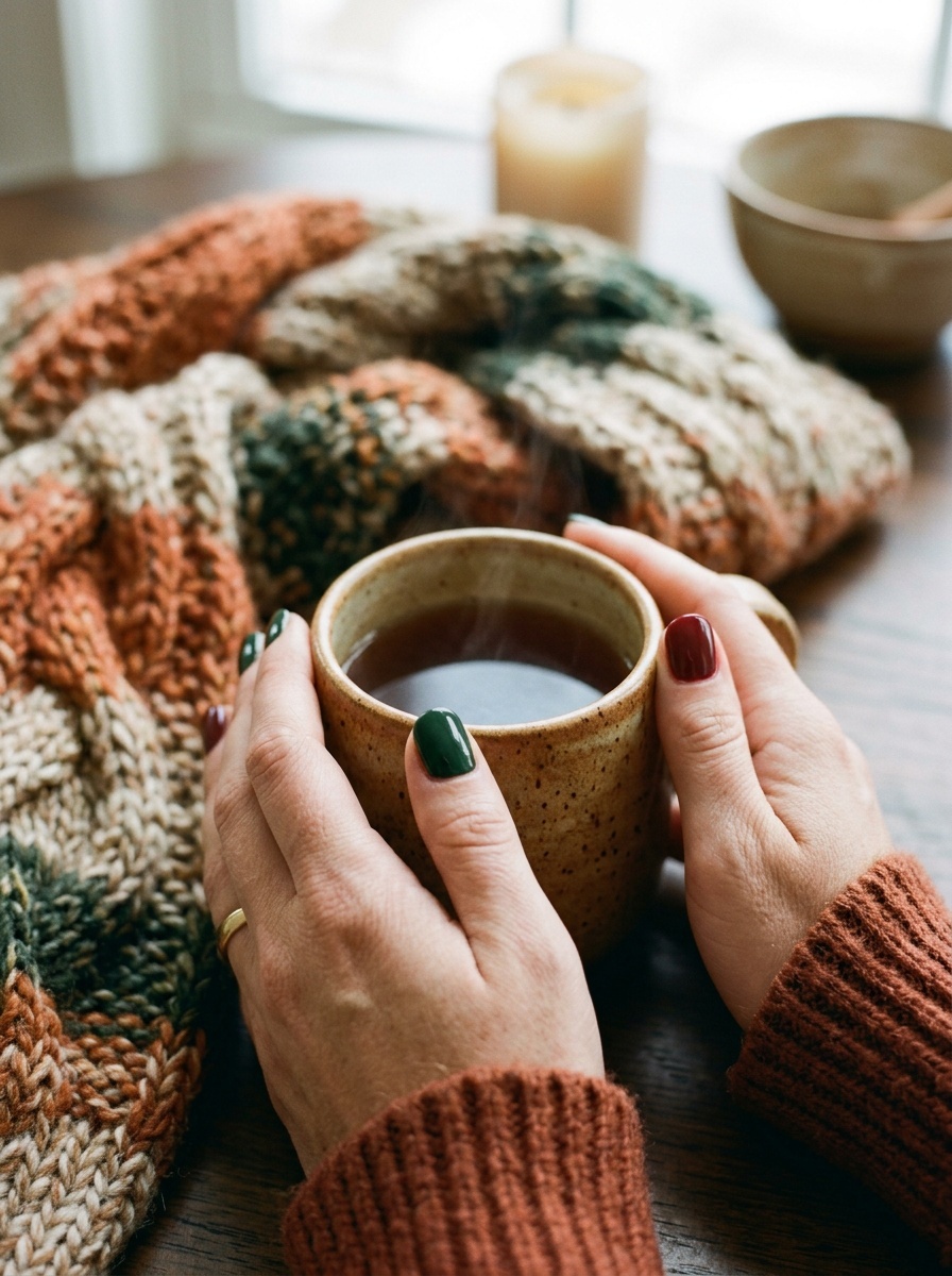 A pair of hands holding a steaming mug, with warm-toned nails against a cozy knitted blanket.