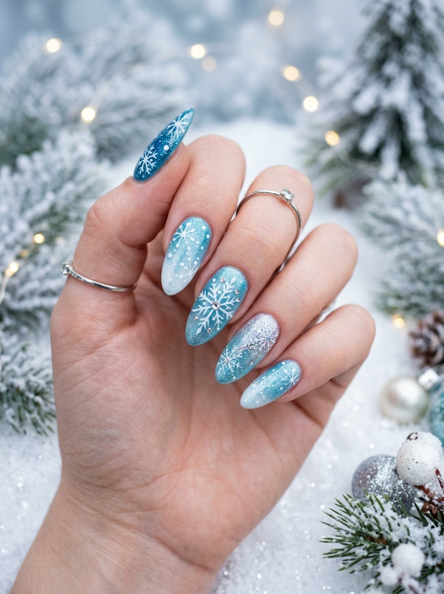 Nail art with a winter theme featuring blue gradient and snowflake designs.