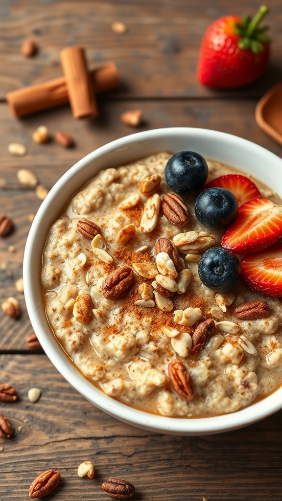 A bowl of brown sugar overnight oats topped with fruits and nuts, placed on a wooden table.