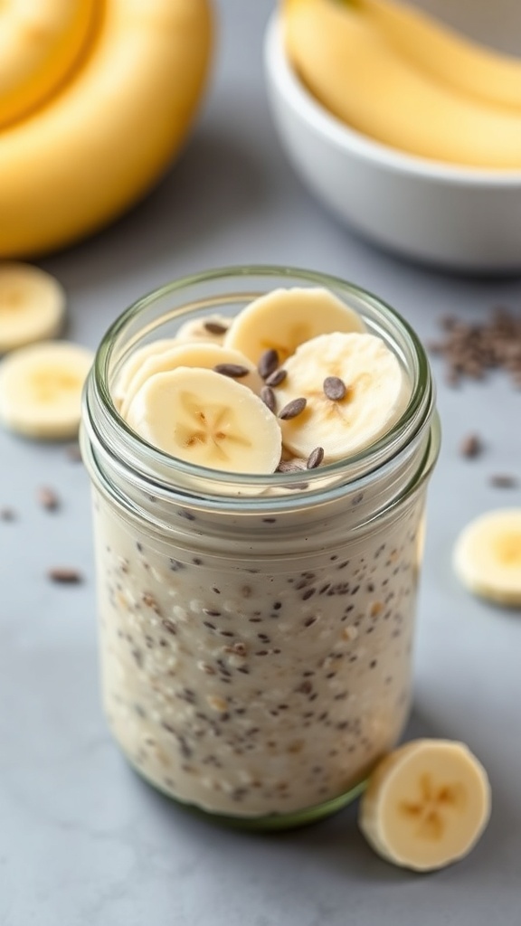 A jar of Nutty Brown Sugar Banana Oats topped with banana slices and chia seeds, with bananas in the background.