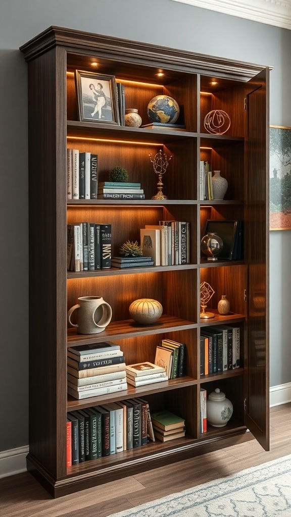 A compact bookshelf showcasing books, a globe, and decorative pieces behind glass doors.