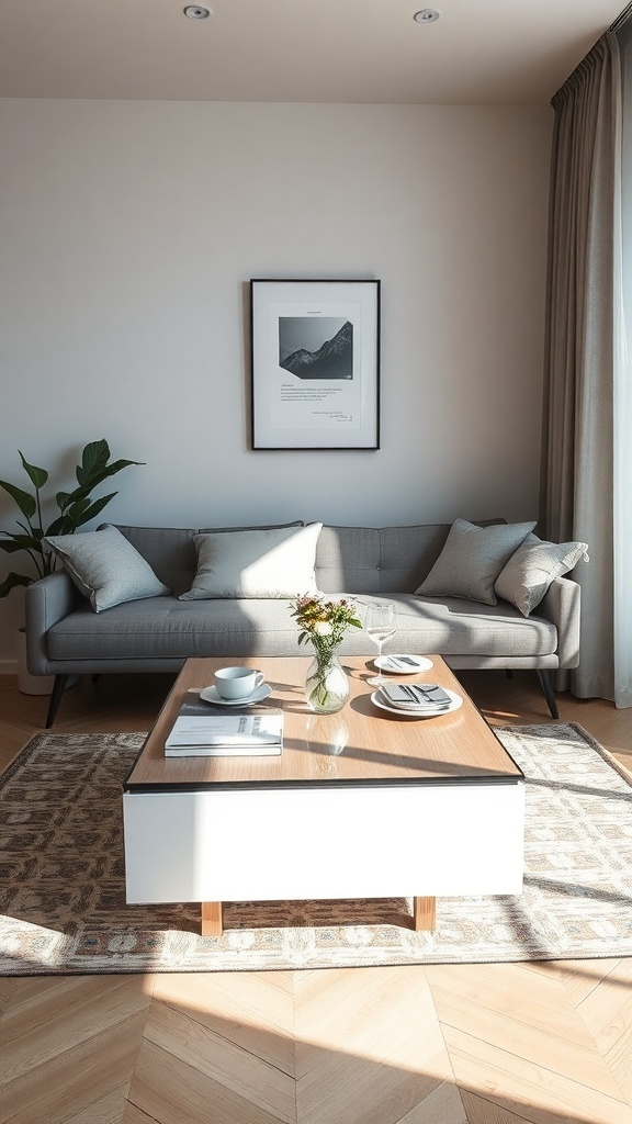 A stylish convertible coffee table in a modern living room setting.