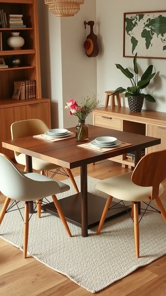 A stylish multi-functional round dining table surrounded by chairs in a bright dining area.