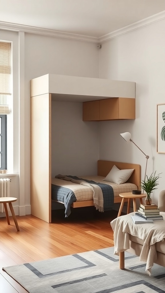 A modern Murphy bed folded up in a bright, spacious room with wooden flooring