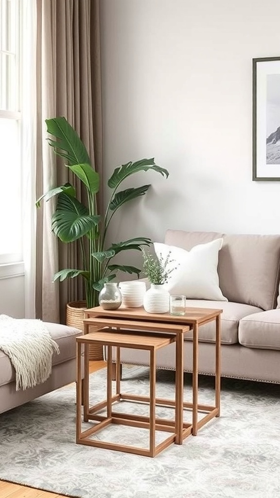 A set of nesting tables beside a sofa, with decorative items and a plant in a cozy living room.