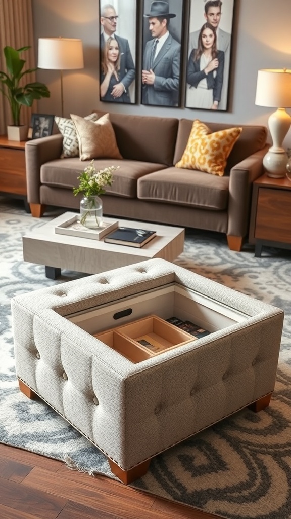 Stylish ottoman storage unit in a cozy living room setting.
