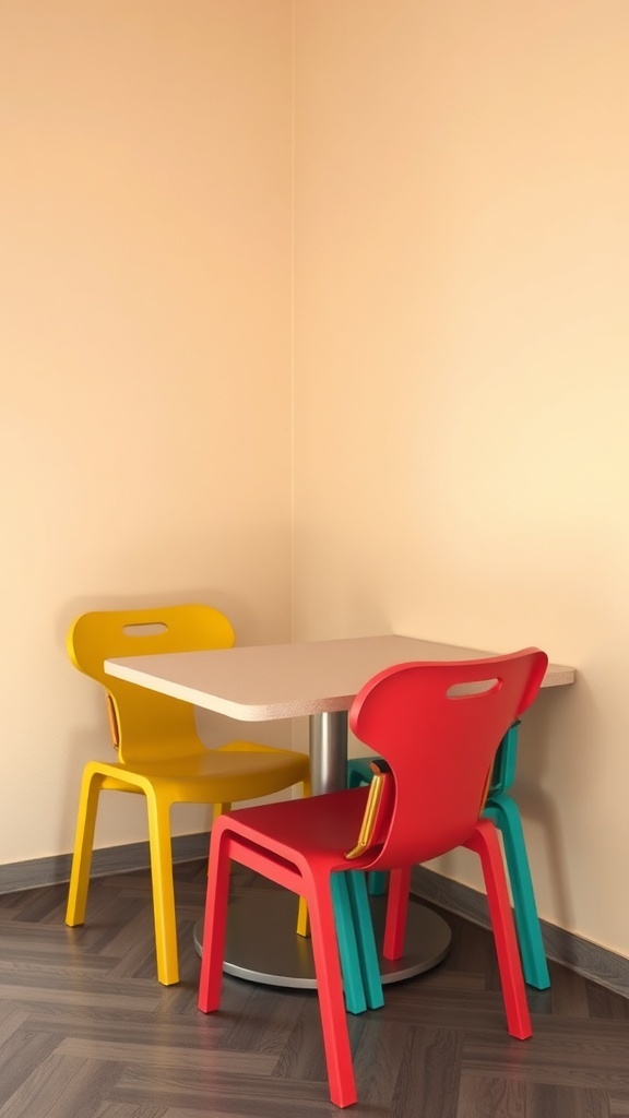Colorful stackable chairs around a small table in a corner