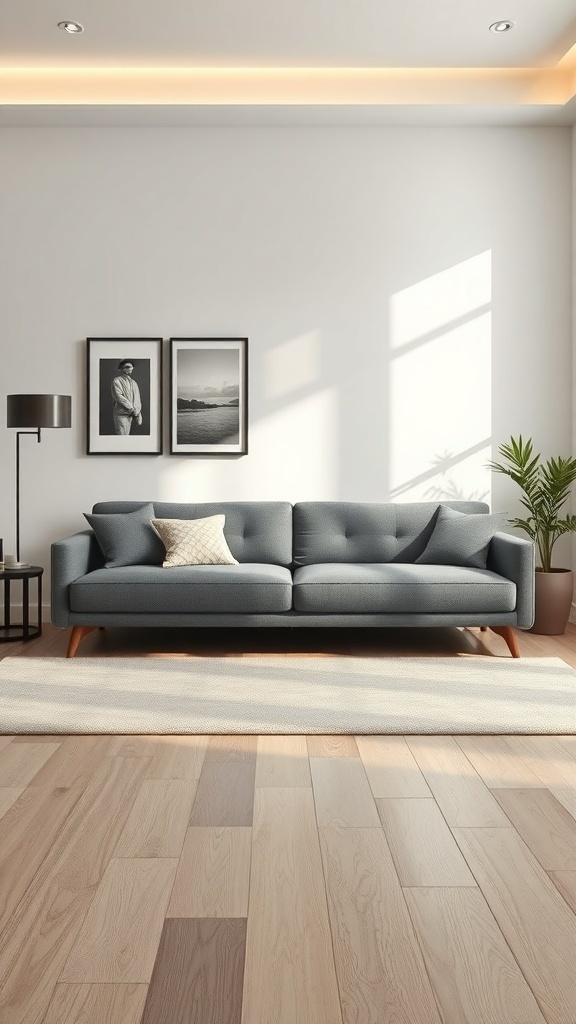A stylish, modern sofa bed in a well-lit living room.