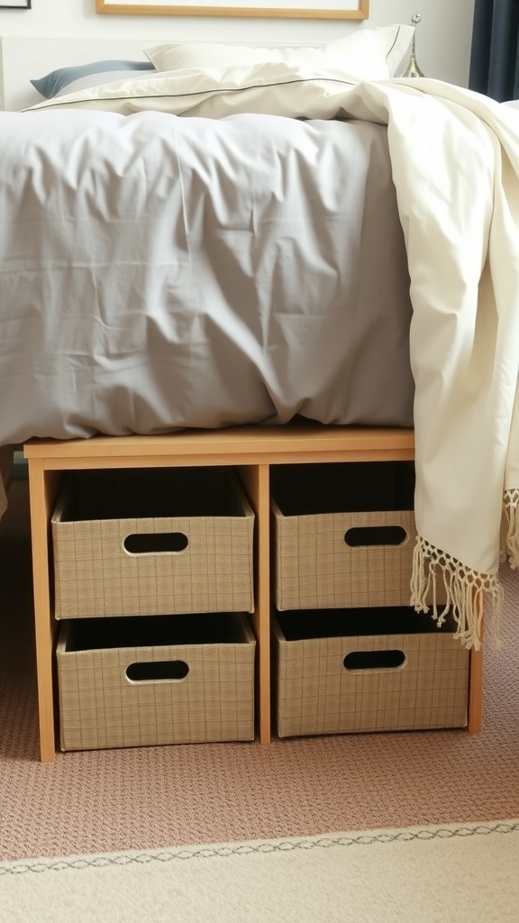 Storage bins neatly placed under a bed, showcasing a space-saving solution.