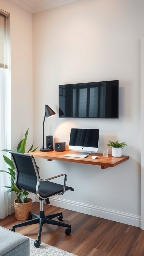 A modern wall-mounted desk setup featuring a computer, speakers, and a stylish lamp.