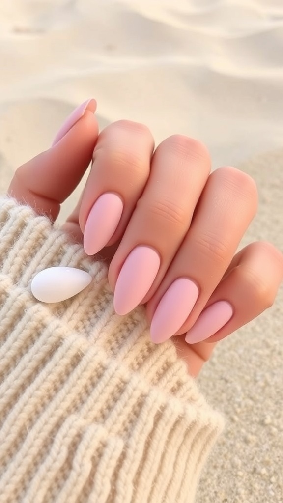 A hand with beachy matte finish nails resting on sand, showcasing pastel colors.