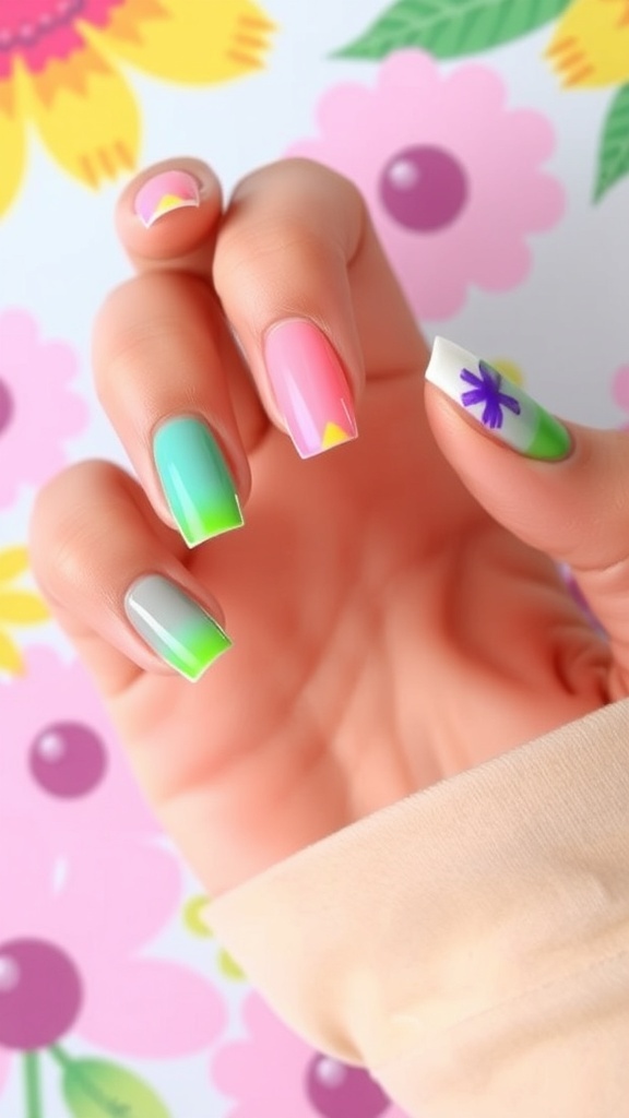 Colorful French tips with summer-themed decorations