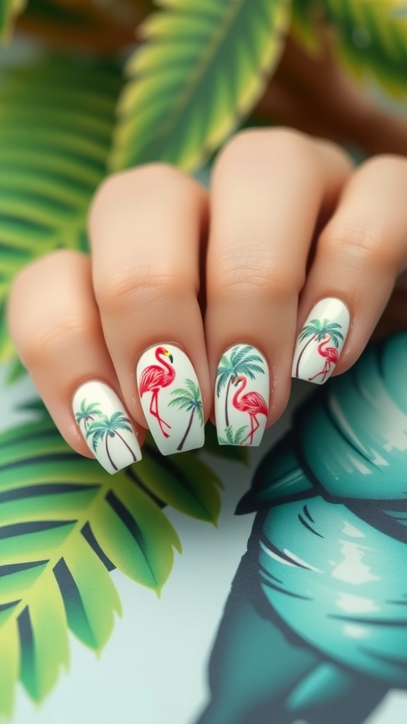 Nails featuring pink flamingo designs with a tropical background of palm trees and beach.