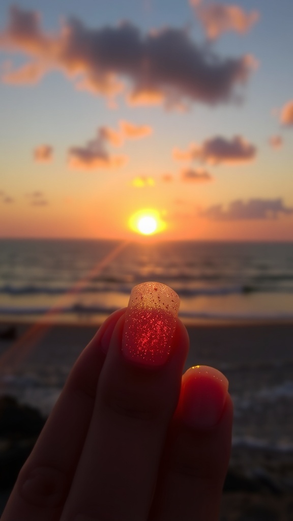 A close-up of glittery sunset nails against a beach sunset background.
