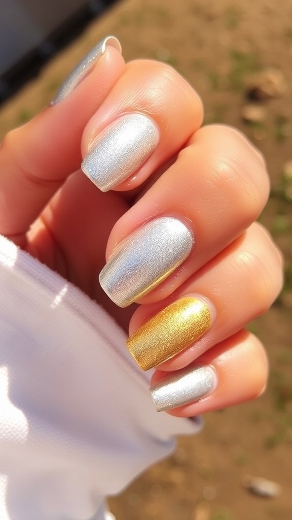 Close-up of hands with metallic gold and silver nails