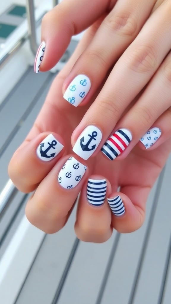 Nautical-themed nail art featuring navy stripes and an anchor design.