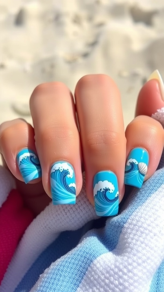 Ocean-inspired nail art featuring wave designs on nails