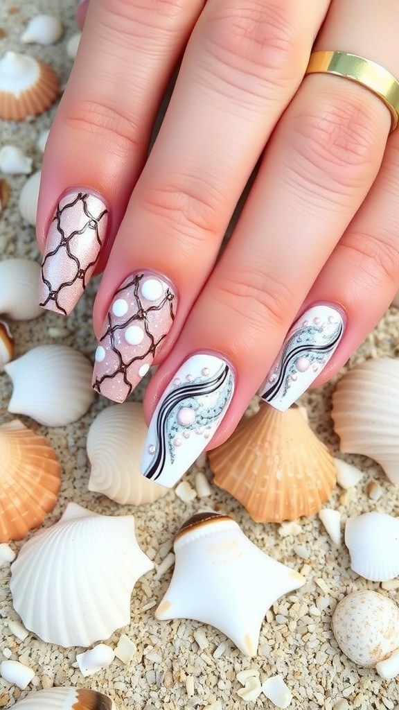 Close-up of hands with shell-inspired nail art surrounded by seashells