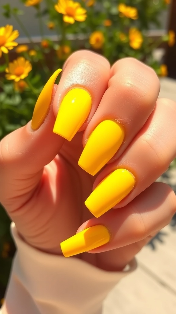 A hand with bright yellow nails against a sunny outdoor background.