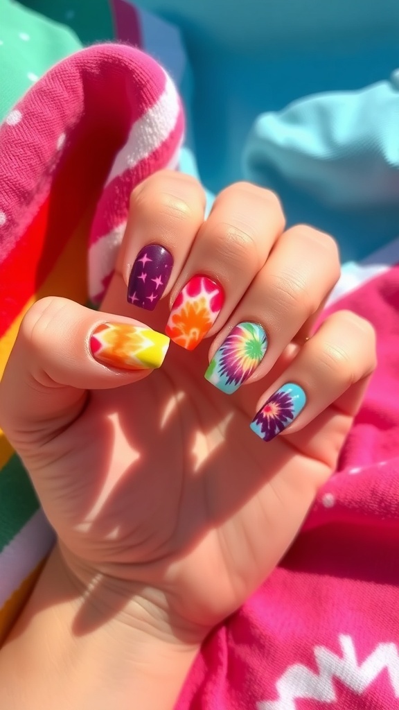 Colorful tie-dye nails with a vibrant pattern background.