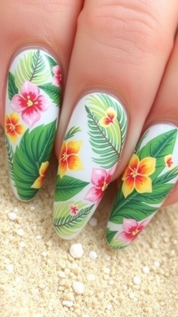 Close-up of hands with tropical floral nail art featuring colorful flowers and green leaves.