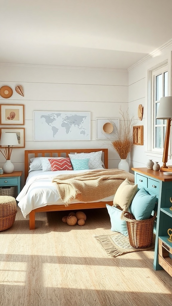 A beach-inspired bedroom featuring natural wood furniture, coastal colors, and decorative elements.