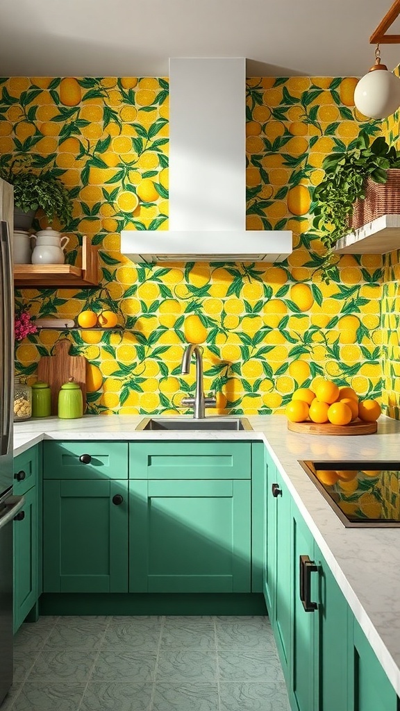 A bright yellow citrus-themed backsplash with lemons and green leaves in a stylish kitchen