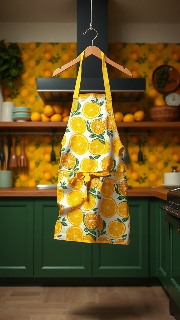 A vibrant citrus-themed apron hanging in a kitchen with lemon-patterned wallpaper and green cabinetry.