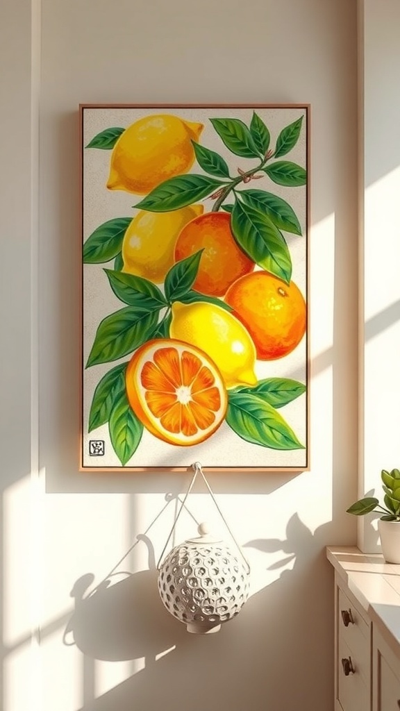 Artwork of oranges framed on a kitchen wall, with oranges arranged on the countertop.