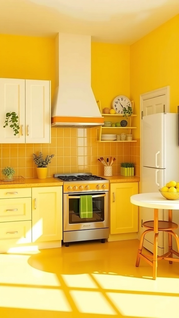 A bright yellow kitchen decorated in a citrus theme with lemons and green plants.