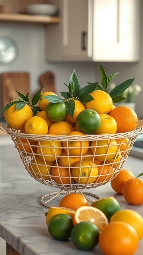 A colorful basket filled with various citrus fruits including oranges, lemons, and limes on a kitchen countertop.