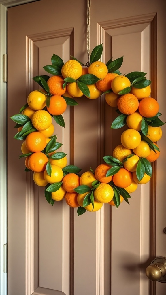 A vibrant citrus wreath made of lemons and oranges hanging on a door
