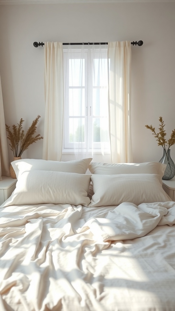 A serene bedroom featuring light-colored bedding, fluffy pillows, and sheer curtains, creating a calm and cooling atmosphere for summer nights.