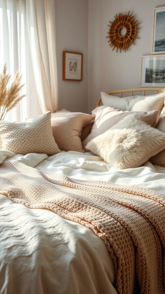 Cozy bedroom with soft textiles, including pillows, a knitted throw, and natural light.
