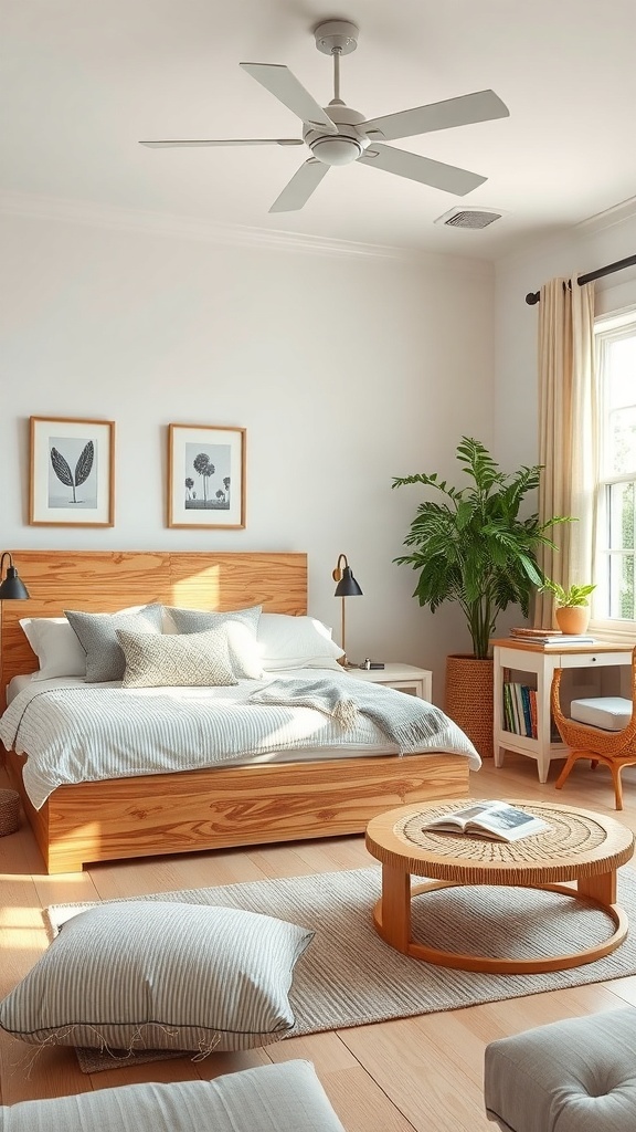 A bright and inviting summer bedroom featuring a wooden bed frame, round coffee table, and stylish desk.