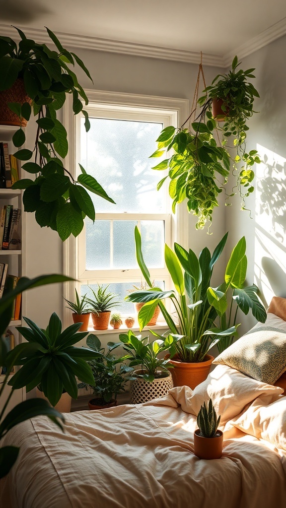 A serene bedroom filled with various indoor plants creating a fresh and inviting vibe.