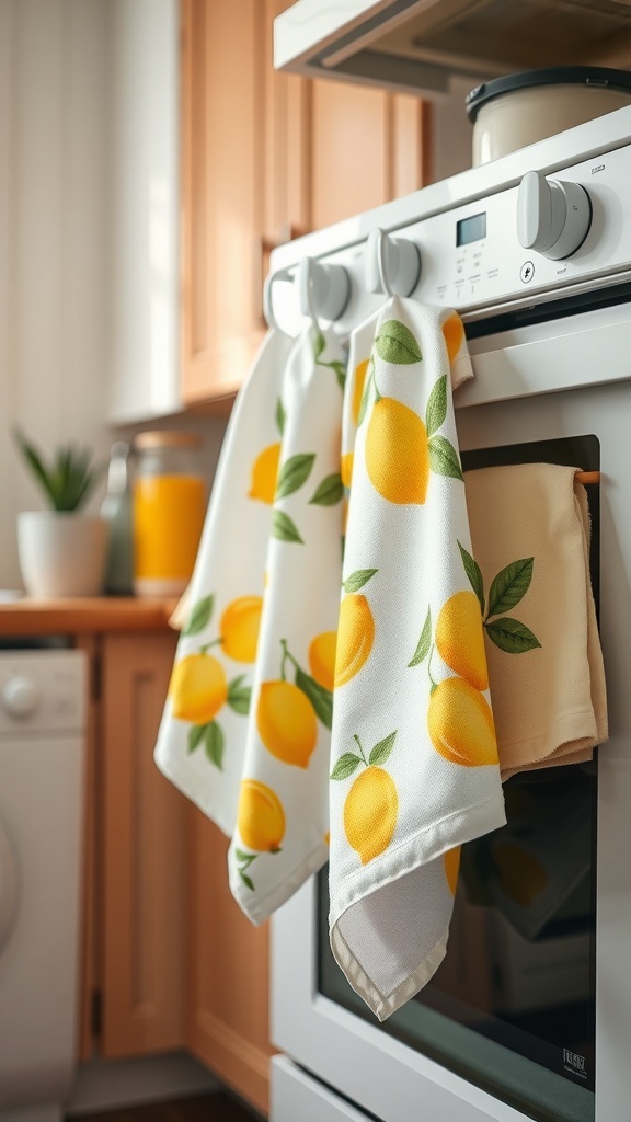 Lemon-themed dish towels hanging on an oven in a warm kitchen