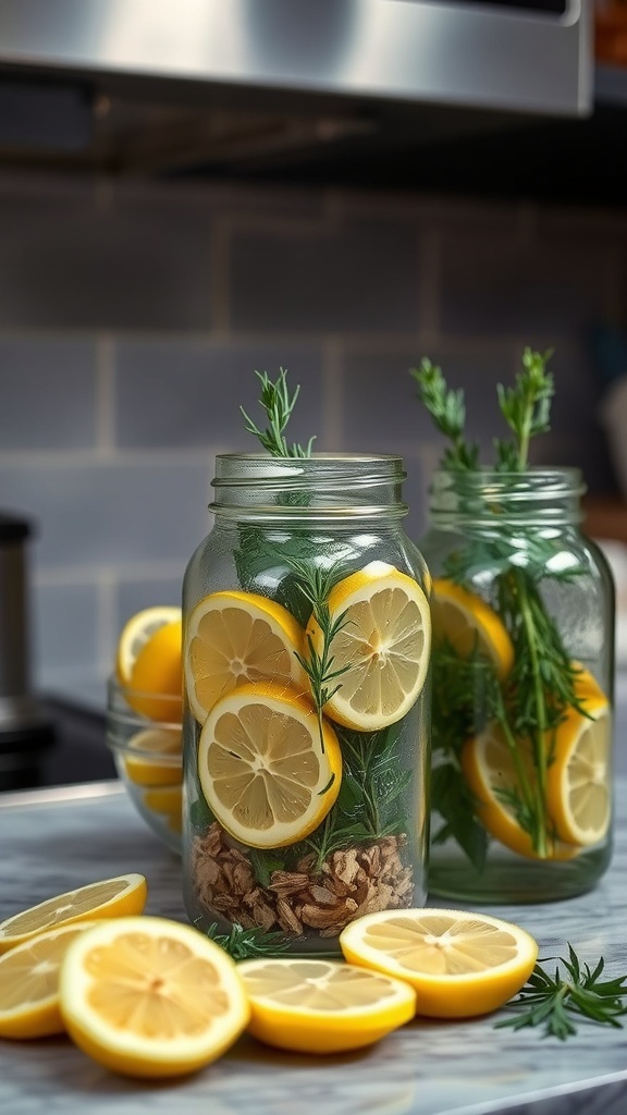 A vibrant kitchen scene featuring jars filled with sliced lemons and herbs like rosemary.