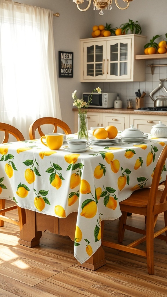 A cheerful kitchen table set with a lemon print tablecloth, bright yellow dishes, and a vase of flowers.
