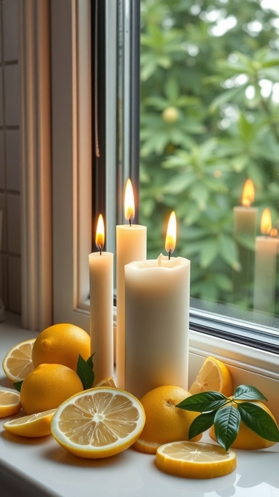 Lemon scented candles with fresh lemons beside them on a windowsill