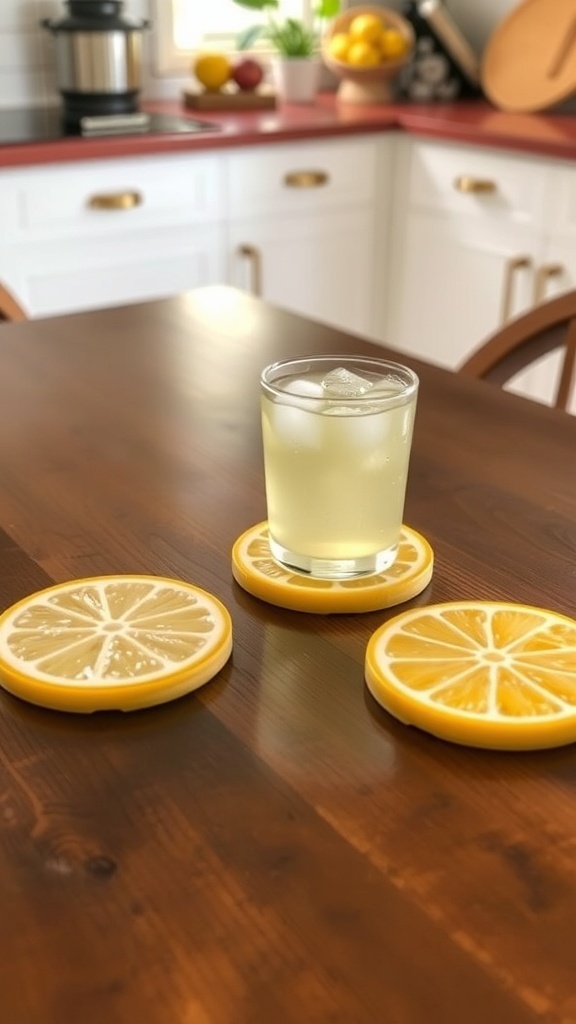 Three lemon slice coasters on a wooden table with a glass of lemonade.