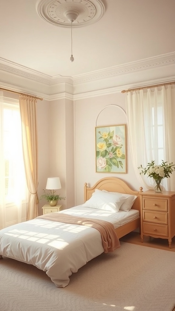 A cozy bedroom featuring light and airy colors with a single bed, natural light, and floral decorations.