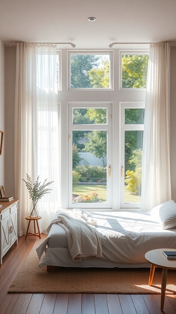 A bright bedroom with large windows and sheer curtains, showcasing a cozy atmosphere.