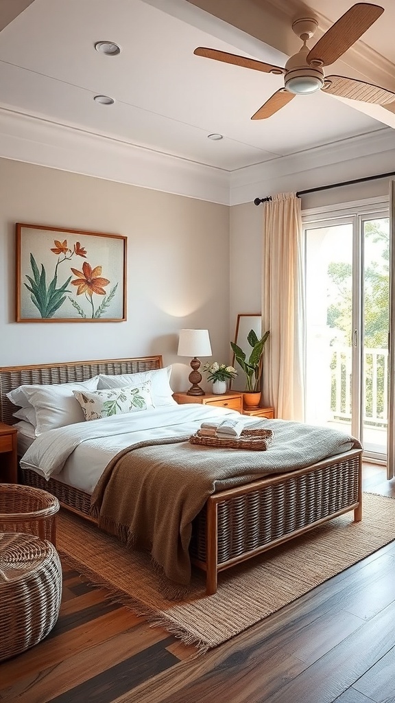 A serene bedroom with outdoor-inspired accents, featuring a woven bed frame, floral artwork, and potted plants.