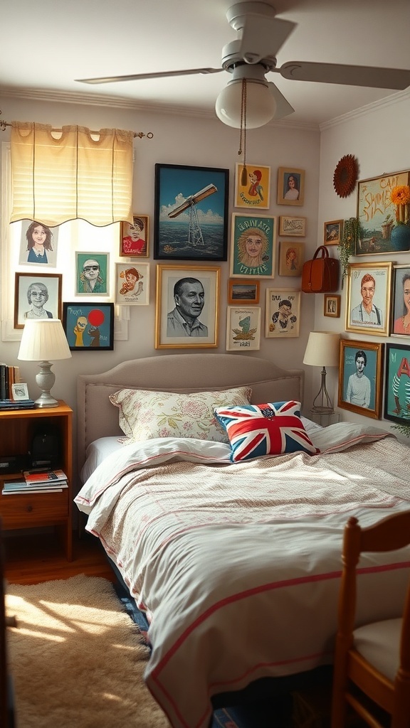 A cozy bedroom featuring a bed with floral pillows, a Union Jack pillow, and a wall decorated with various framed artworks and portraits.