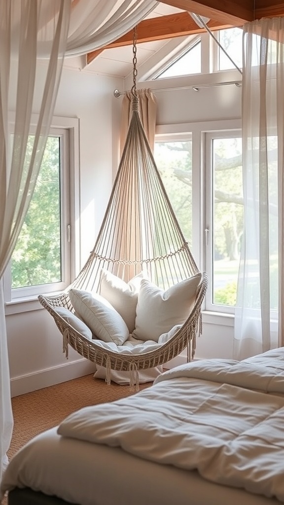 Cozy bedroom nook with a hammock by the window and soft pillows.