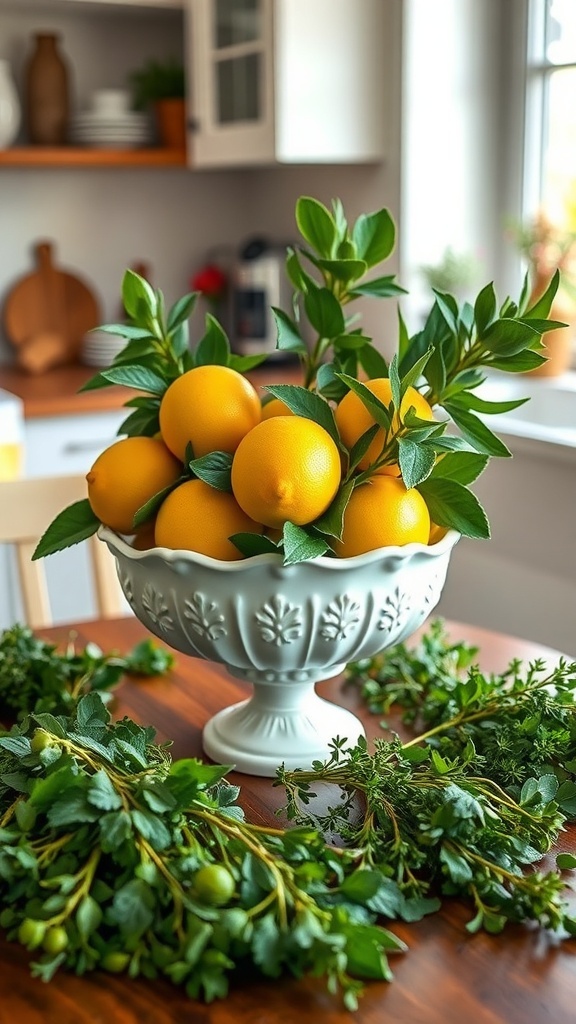 A white bowl filled with lemons and green leaves on a wooden table.